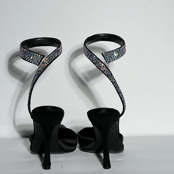 Sergio Rossi Swarovski Crystal Ankle Wrap High Heel Black Satin Shoe Sz 38 - Picture 3 of 15
